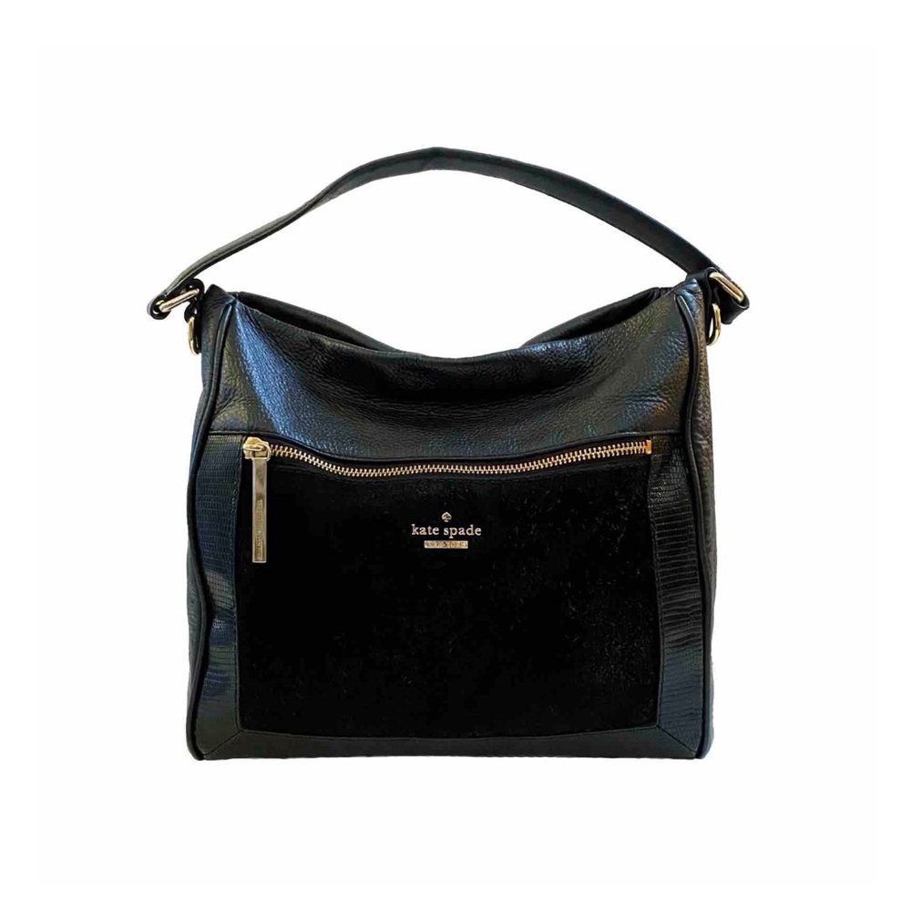 KATE SPADE black leather front zip suede square detail top handle satchel bag - Picture 2 of 16